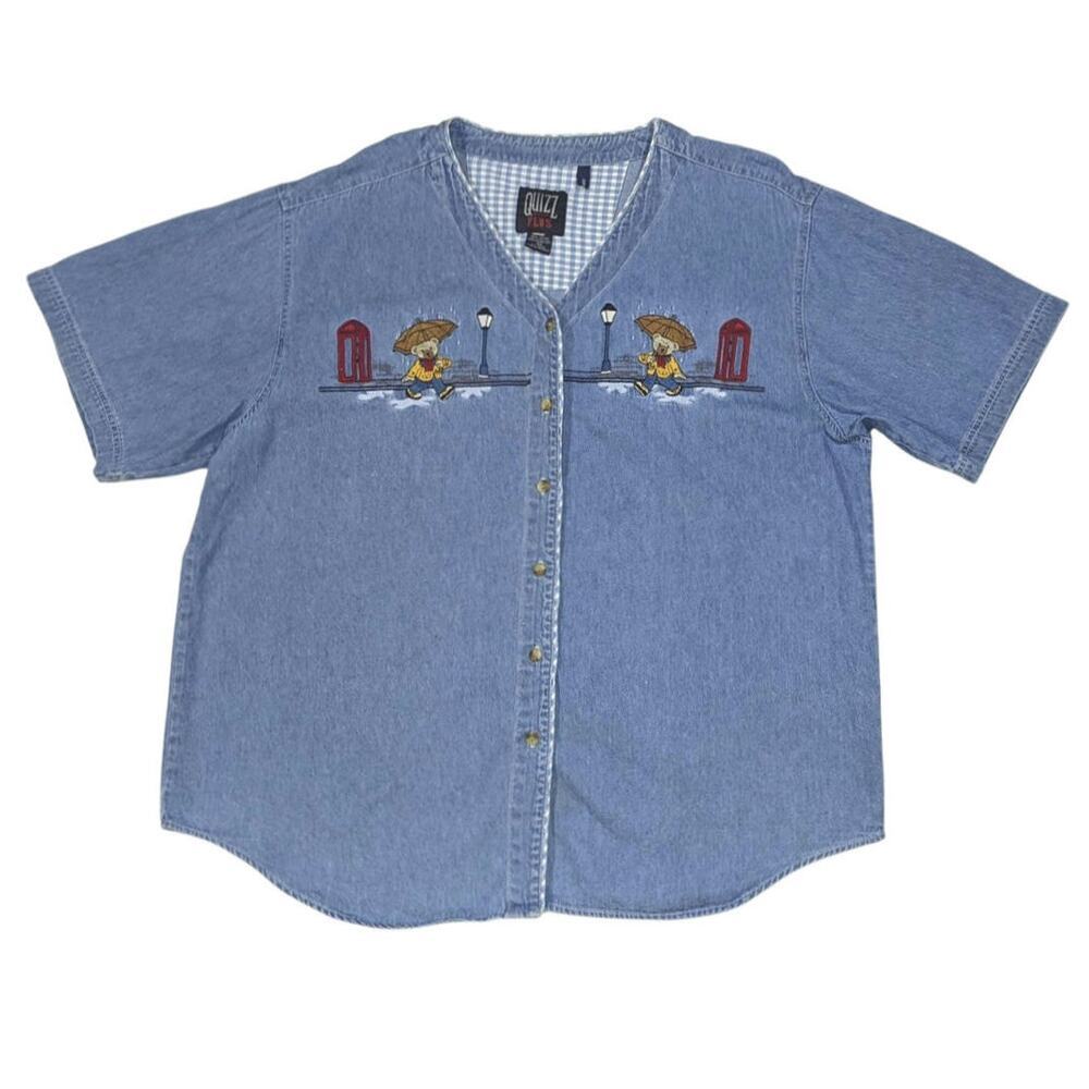 Vtg Quizz NY Demin Embroidered Short Sleeve Button Down Cottage Bears London 22